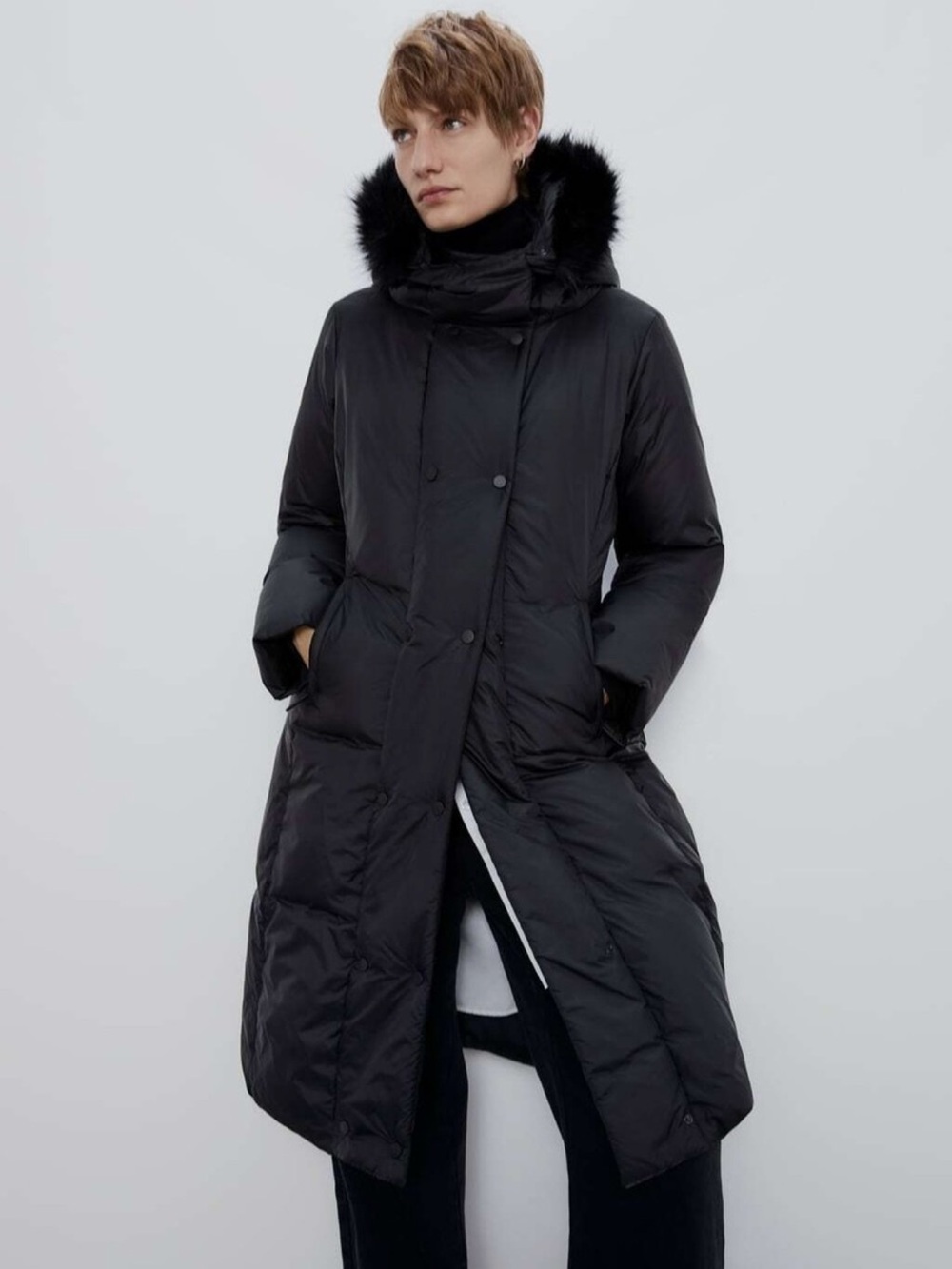 Zara Long Black Puffer Coat Faux Fur Trim Hood XS - Picture 4 of 16